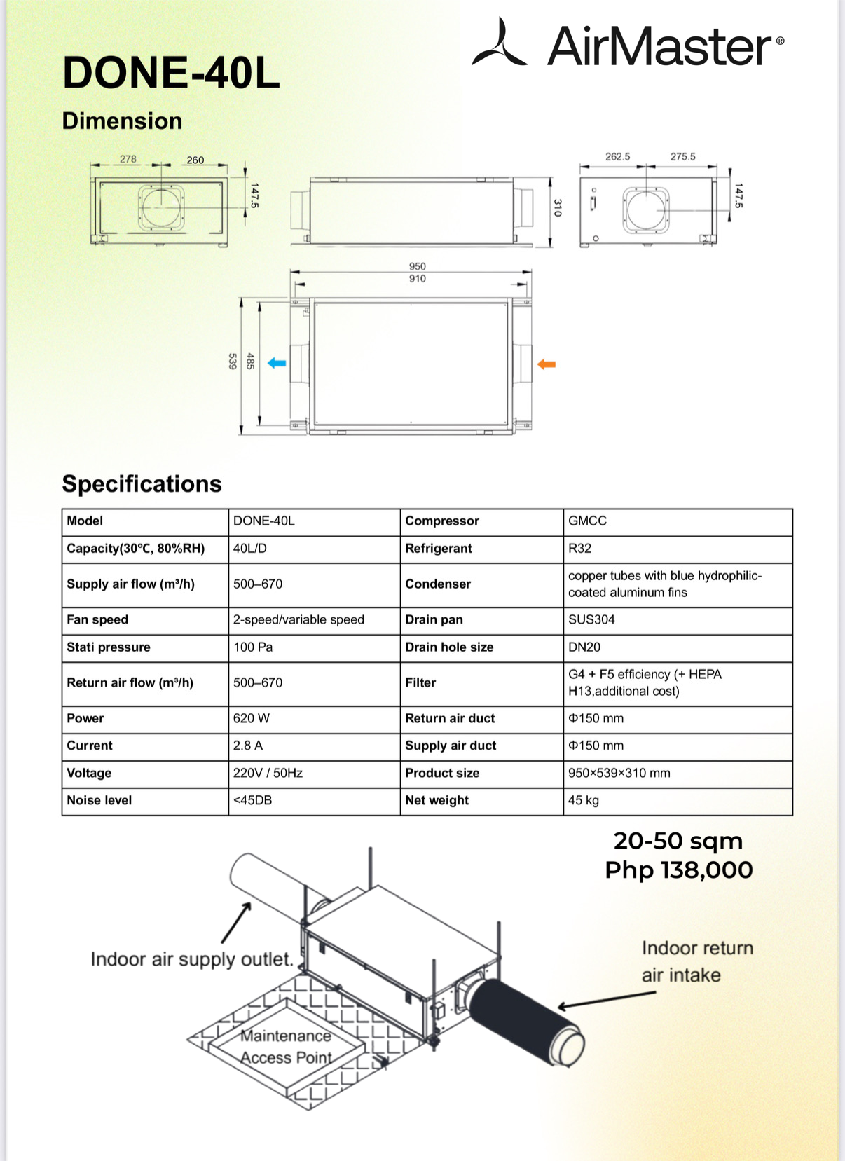 Dehumidifier 40L Ceiling Type DONE